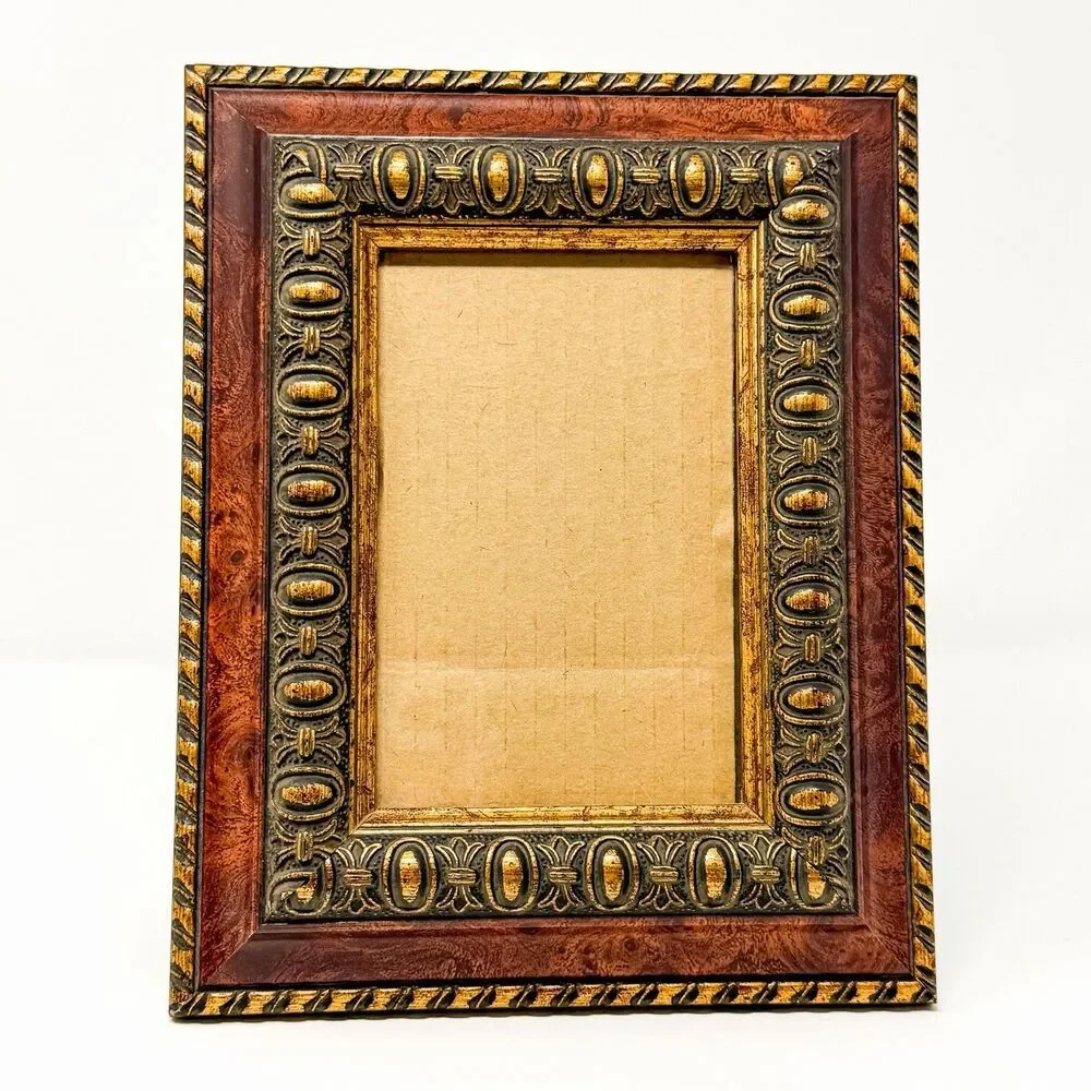 Vintage Hollywood Regency Picture Frame Faux Burl Wood Gold Ornate 4x6 Photo